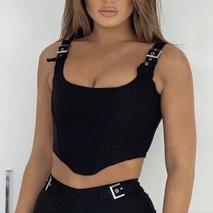 White Fox Boutique - Black Crop Top with Silver Buckle (Size S)